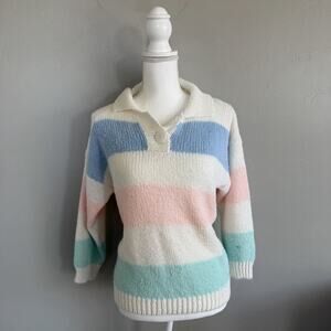 Vintage 80s Adam French Pastel Striped Knit Pullover Sweater Woman’s Size Small